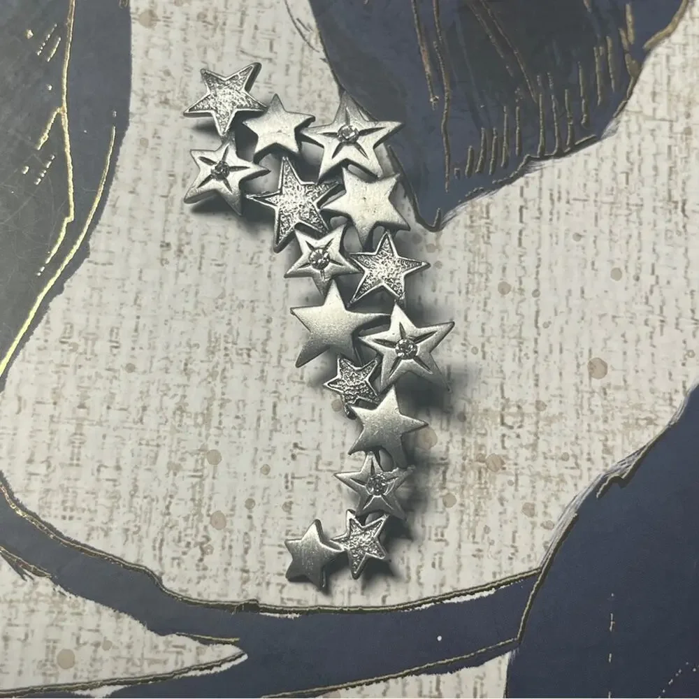 Vintage 80s 1980s Large J J Jonette Silver Star Crystal Brooch Pin D2